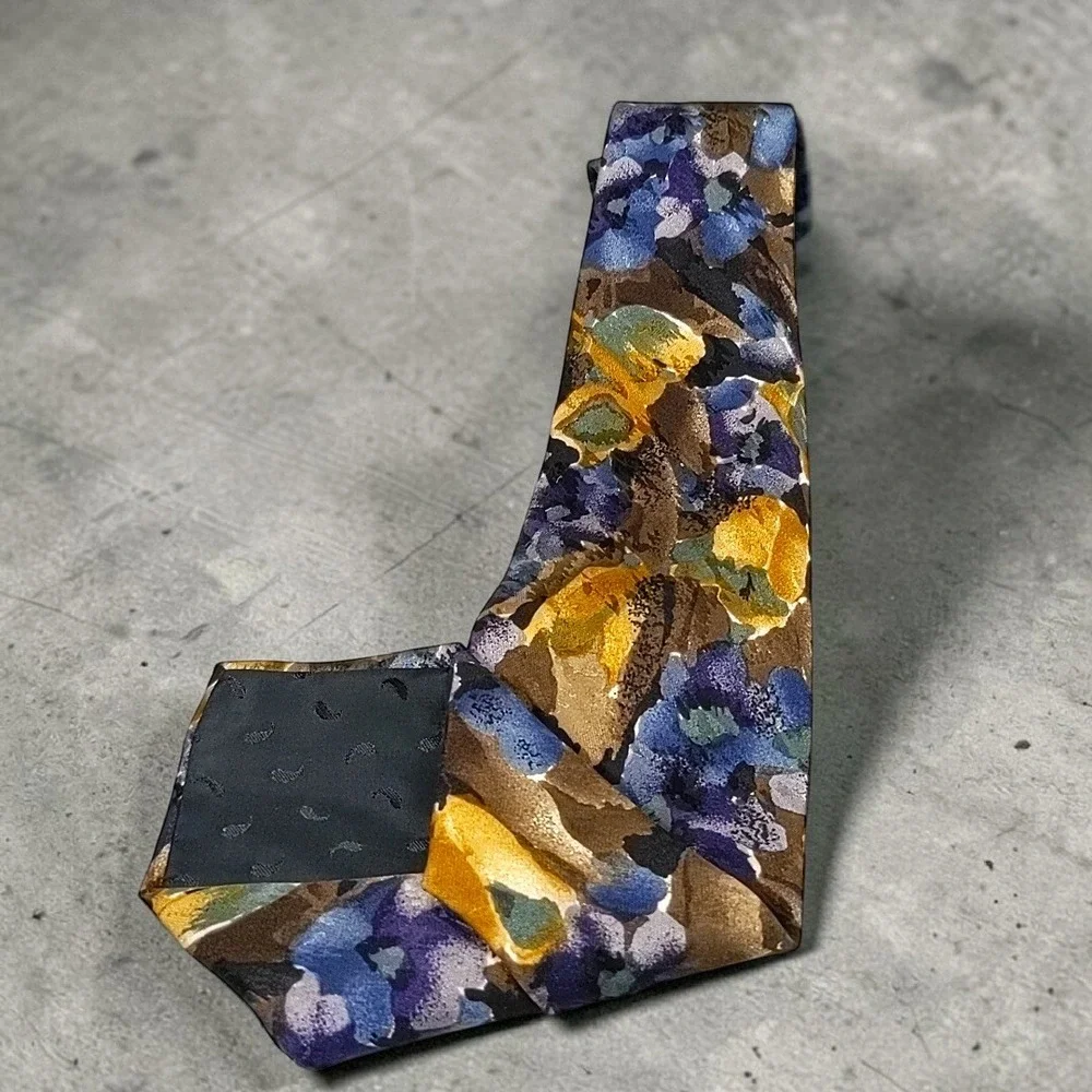 Vtg 90s Bolgheri Silk Italian Tie Abstract Floral Impressionist Italy Brown Blue